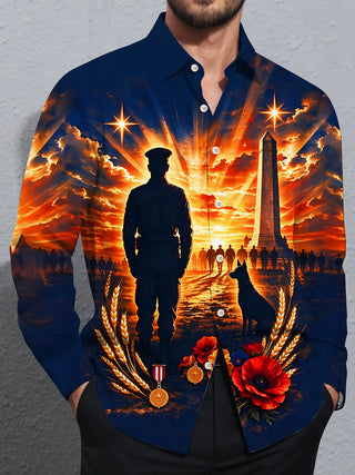 Adaychic Men's Graphic Veteran Silhouette And Monument Print Long Sleeve Shirt with Chest Pocket