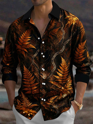 Adaychic Men's Golden Fern Leaves And Snake Skin Pattern Long Sleeve Shirt with Chest Pocket