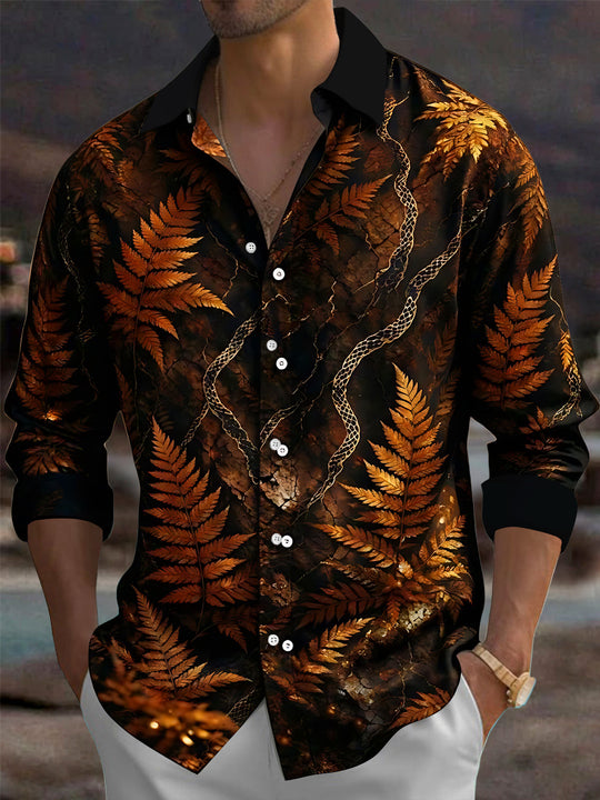 Adaychic Men's Golden Fern Leaves And Snake Skin Pattern Long Sleeve Shirt with Chest Pocket