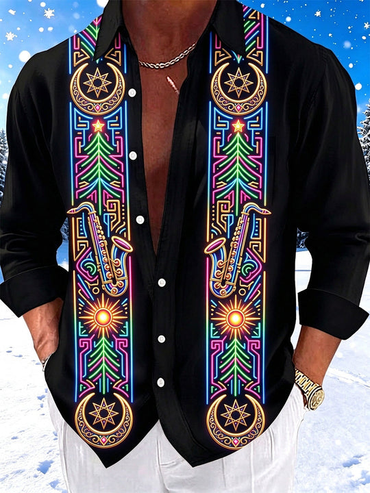 Adaychic Men's Neon Saxophone And Christmas Tree Motif Print Long Sleeve Shirt with Chest Pocket