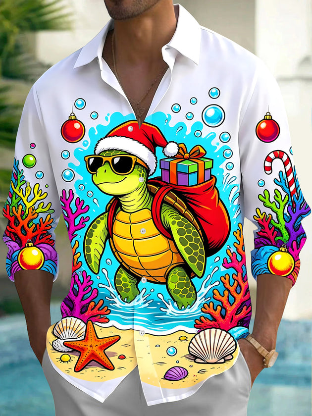 Adaychic Men's Long Sleeve Shirt - Christmas Turtle With Santa Hat And Gift Bag Print with Chest Pocket