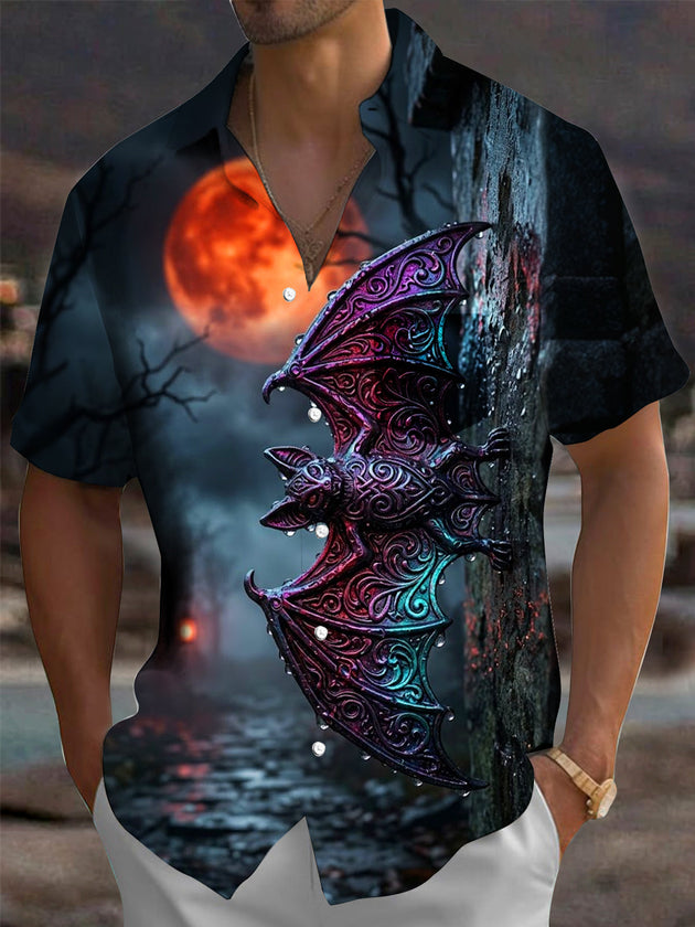 Adaychic Men's Graphic Halloween Bat And Full Moon Print Short Sleeve Shirt with Chest Pocket
