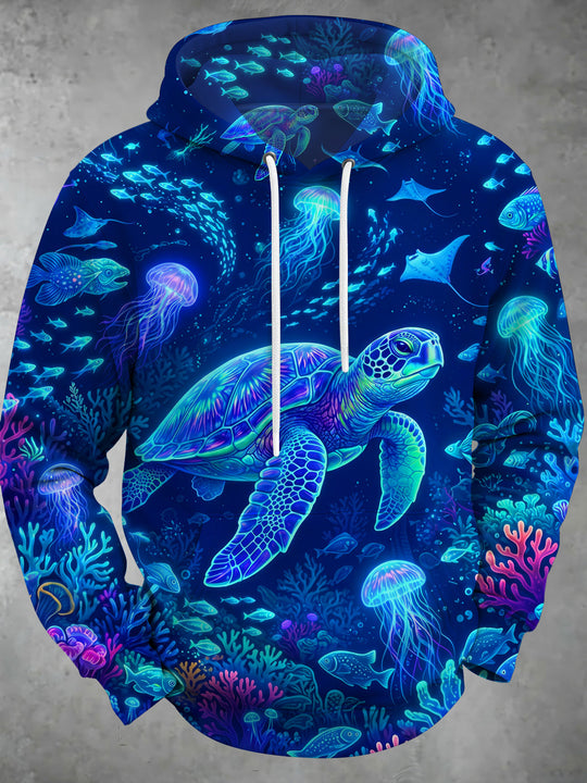 Adaychic Men's Graphic Neon Sea Turtle And Jellyfish Print Long Sleeve Hoodie