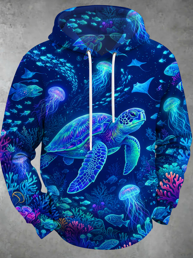 Adaychic Men's Graphic Neon Sea Turtle And Jellyfish Print Long Sleeve Hoodie