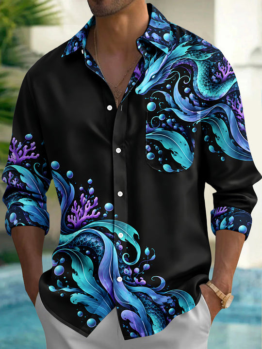 Adaychic Men's Hawaiian Dragon And Ocean Waves Print Long Sleeve Shirt with Chest Pocket