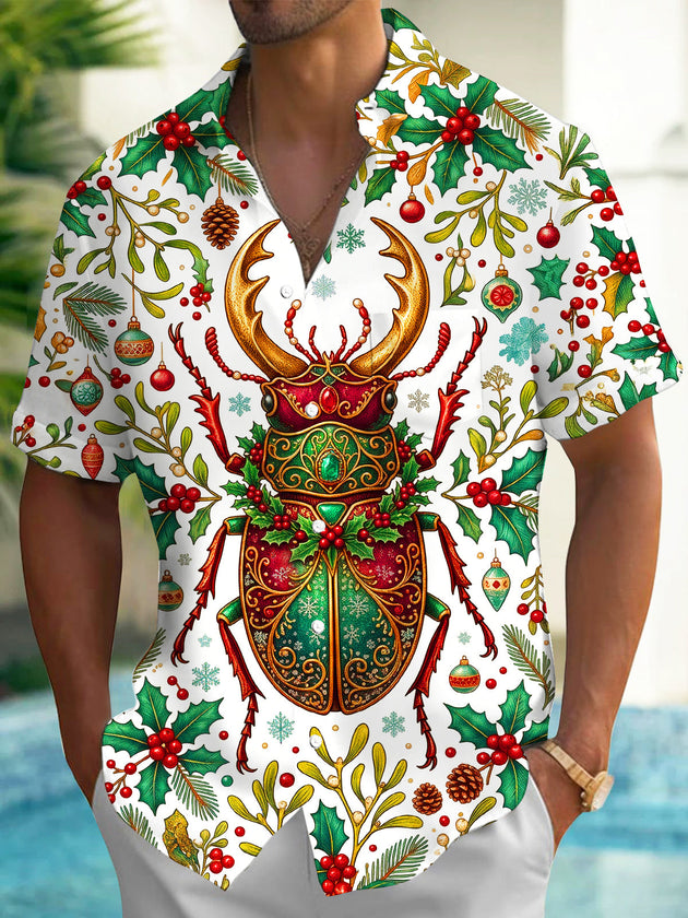 Adaychic Men's Hawaiian Christmas Jewel Stag Beetle Print Short Sleeve Shirt with Chest Pocket