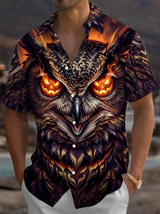Adaychic Men's Halloween Owl With Jack-o-lantern Eyes Print Short Sleeve Shirt with Chest Pocket