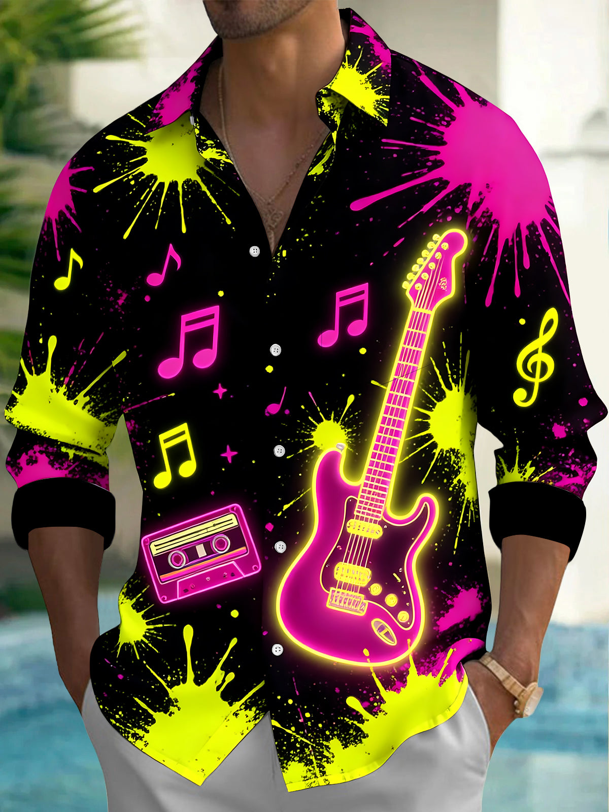 Adaychic Men's Neon Electric Guitar And Music Notes Print Long Sleeve Shirt with Chest Pocket