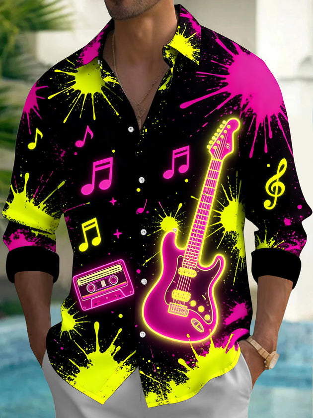 Adaychic Men's Neon Electric Guitar And Music Notes Print Long Sleeve Shirt with Chest Pocket