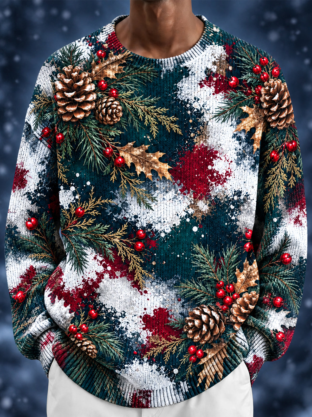 Adaychic Men's Long Sleeve Crew Neck Sweater - Christmas Pinecones And Pine Branches With Red Berries Print