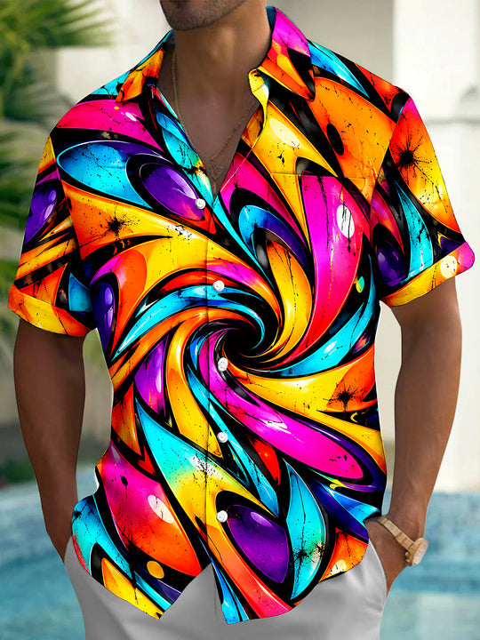 Adaychic Men's Short Sleeve Shirt - Abstract Psychedelic Swirls And Splatters Print with Chest Pocket