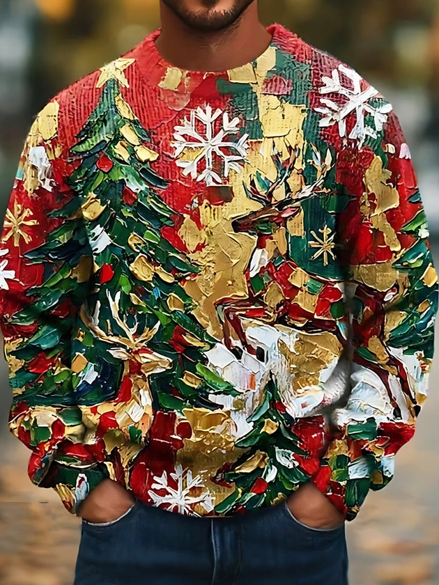 Adaychic Men's Christmas Reindeer And Christmas Trees Print Long Sleeve Sweater