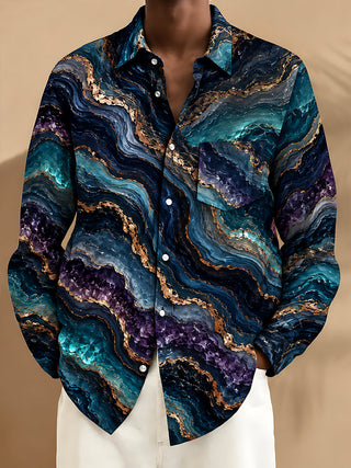 Adaychic Men's Abstract Marble And Agate Waves Print Long Sleeve Shirt with Chest Pocket