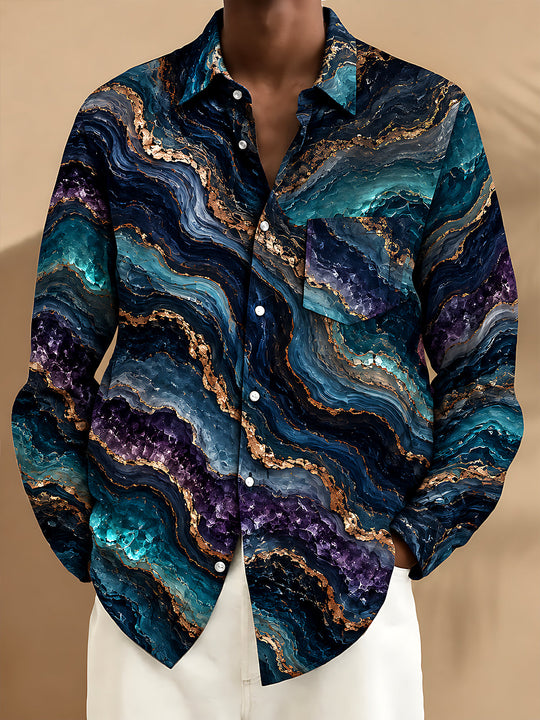 Adaychic Men's Abstract Marble And Agate Waves Print Long Sleeve Shirt with Chest Pocket