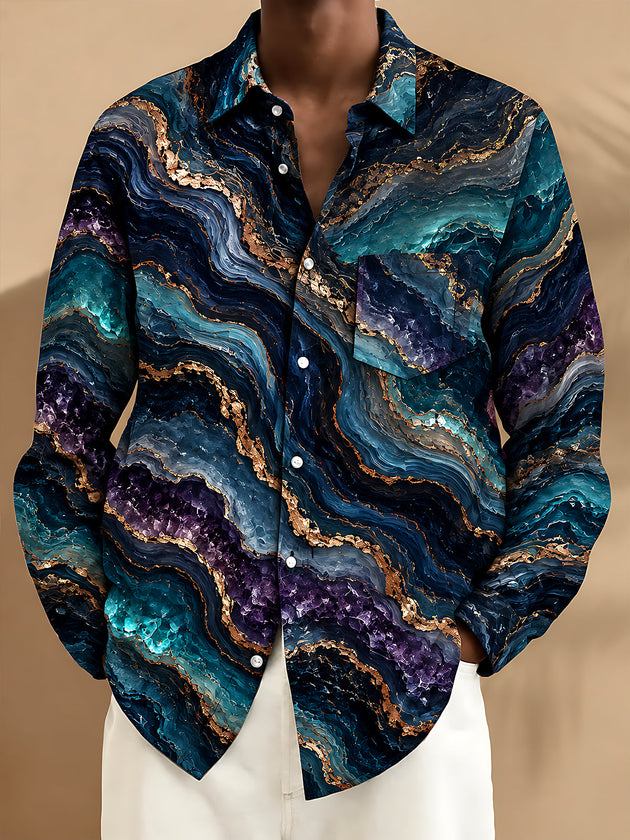 Adaychic Men's Abstract Marble And Agate Waves Print Long Sleeve Shirt with Chest Pocket