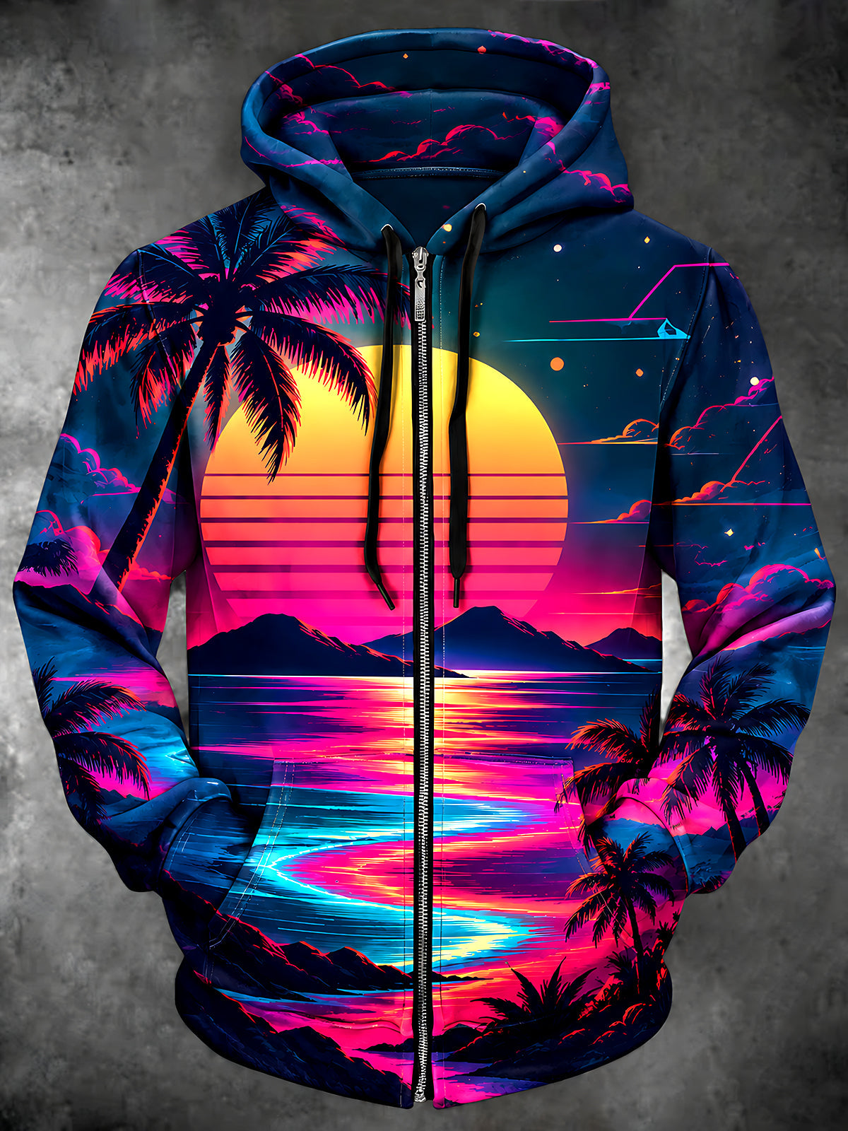 Adaychic Men's Long Sleeve Zip-Up Hoodie - Retro Sunset With Palm Trees And Mountains Print with Kangaroo Pocket