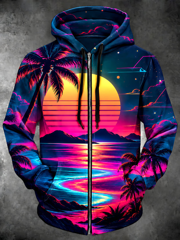 Adaychic Men's Long Sleeve Zip-Up Hoodie - Retro Sunset With Palm Trees And Mountains Print with Kangaroo Pocket