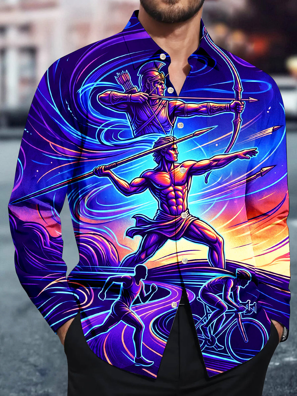 Adaychic Men's Long Sleeve Shirt - Ancient Greek Warriors And Modern Athletes Print with Chest Pocket