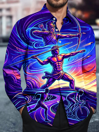 Adaychic Men's Long Sleeve Shirt - Ancient Greek Warriors And Modern Athletes Print with Chest Pocket