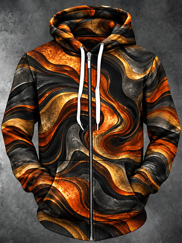 Adaychic Men's Abstract Swirling Waves Print Long Sleeve Zip-Up Hoodie
