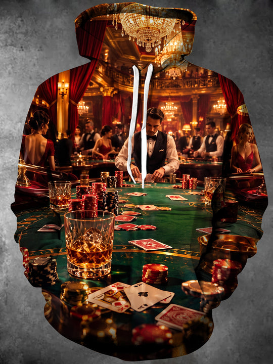 Adaychic Men's Graphic Casino Poker Table Scene Print Long Sleeve Hoodie