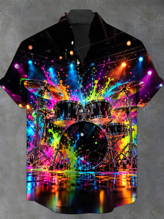 Adaychic Men's Short Sleeve Stand Collar Shirt - Drum Set With Colorful Paint Splashes Print with Chest Pocket