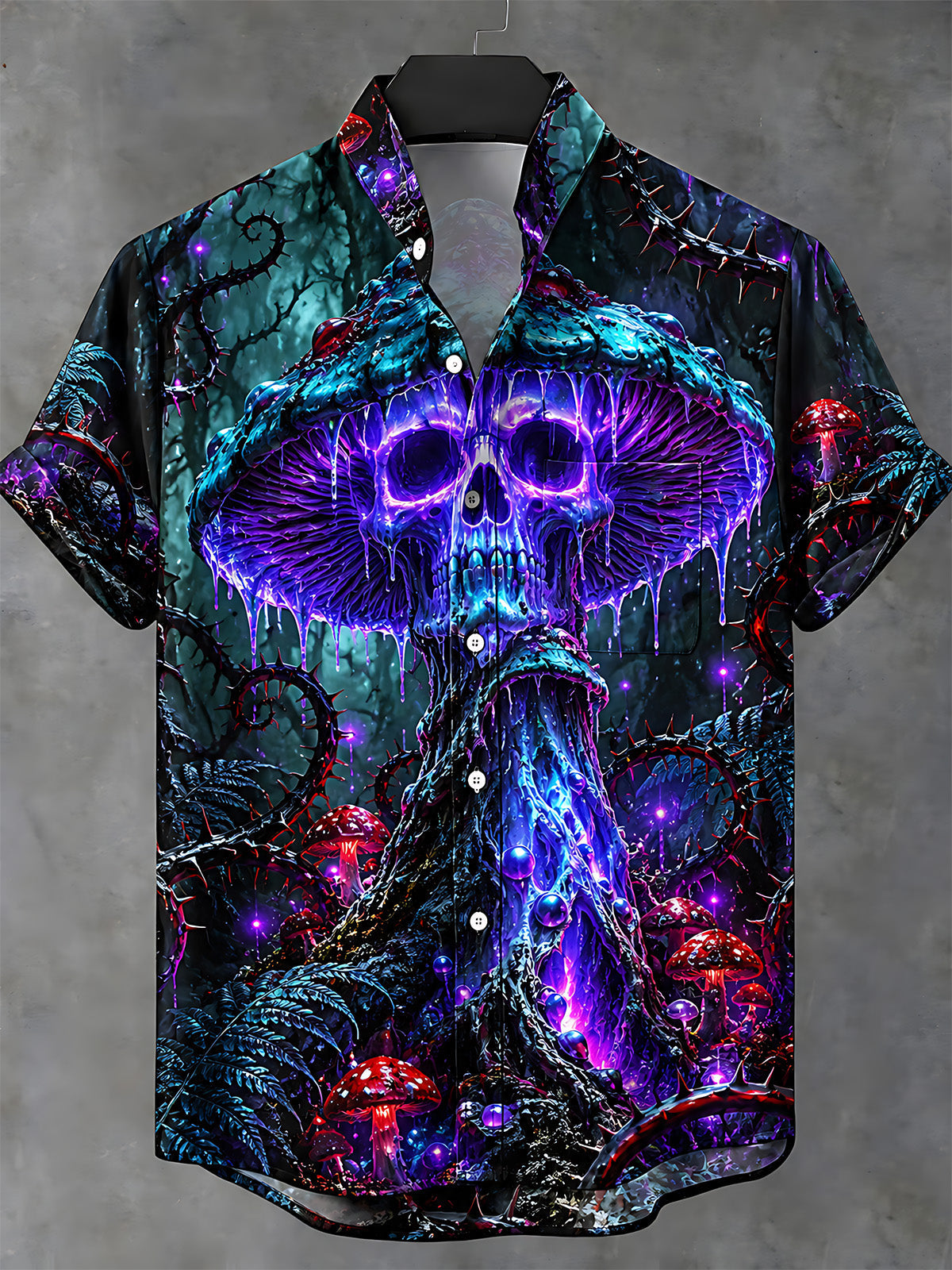 Adaychic Men's Graphic Neon Skull Mushroom Print Short Sleeve Shirt with Chest Pocket