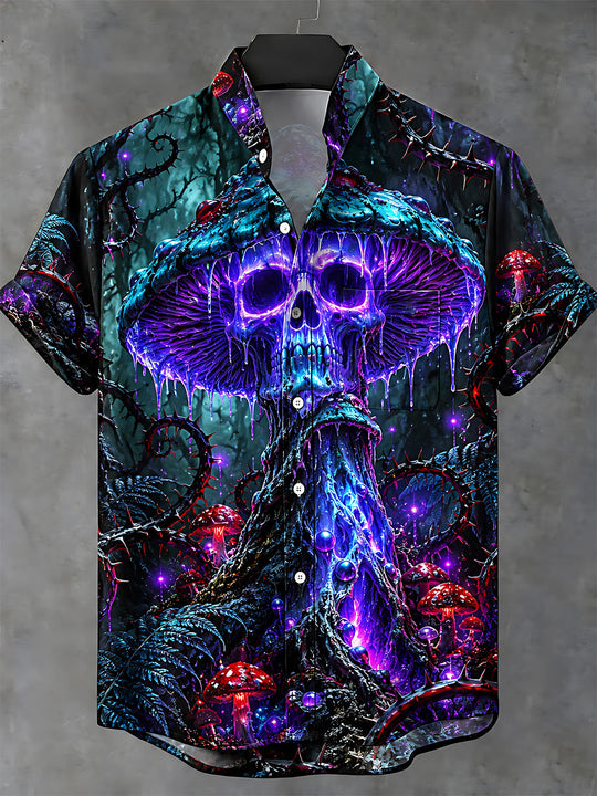 Adaychic Men's Graphic Neon Skull Mushroom Print Short Sleeve Shirt with Chest Pocket