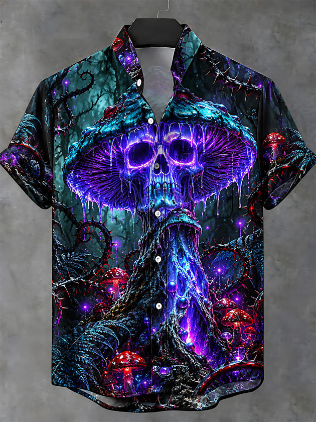 Adaychic Men's Graphic Neon Skull Mushroom Print Short Sleeve Shirt with Chest Pocket