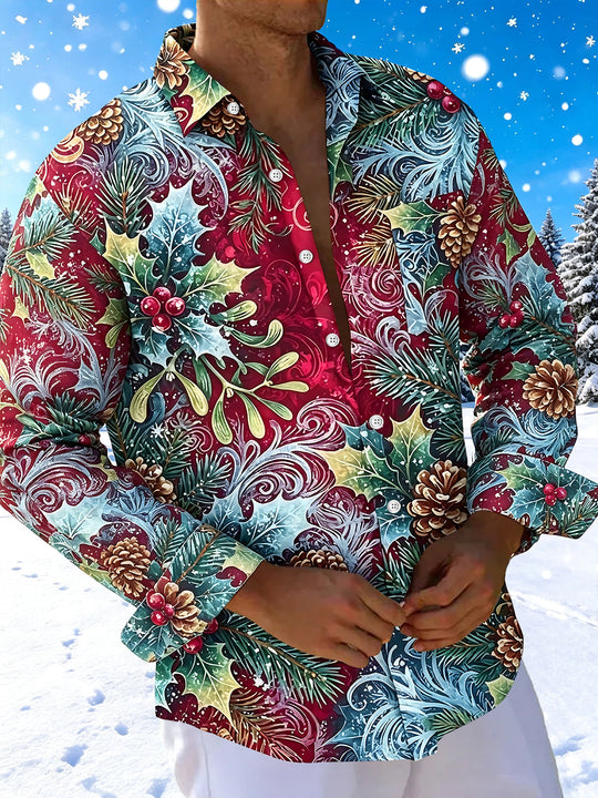 Adaychic Men's Christmas Holly Berries And Mistletoe Print Long Sleeve Shirt with Chest Pocket
