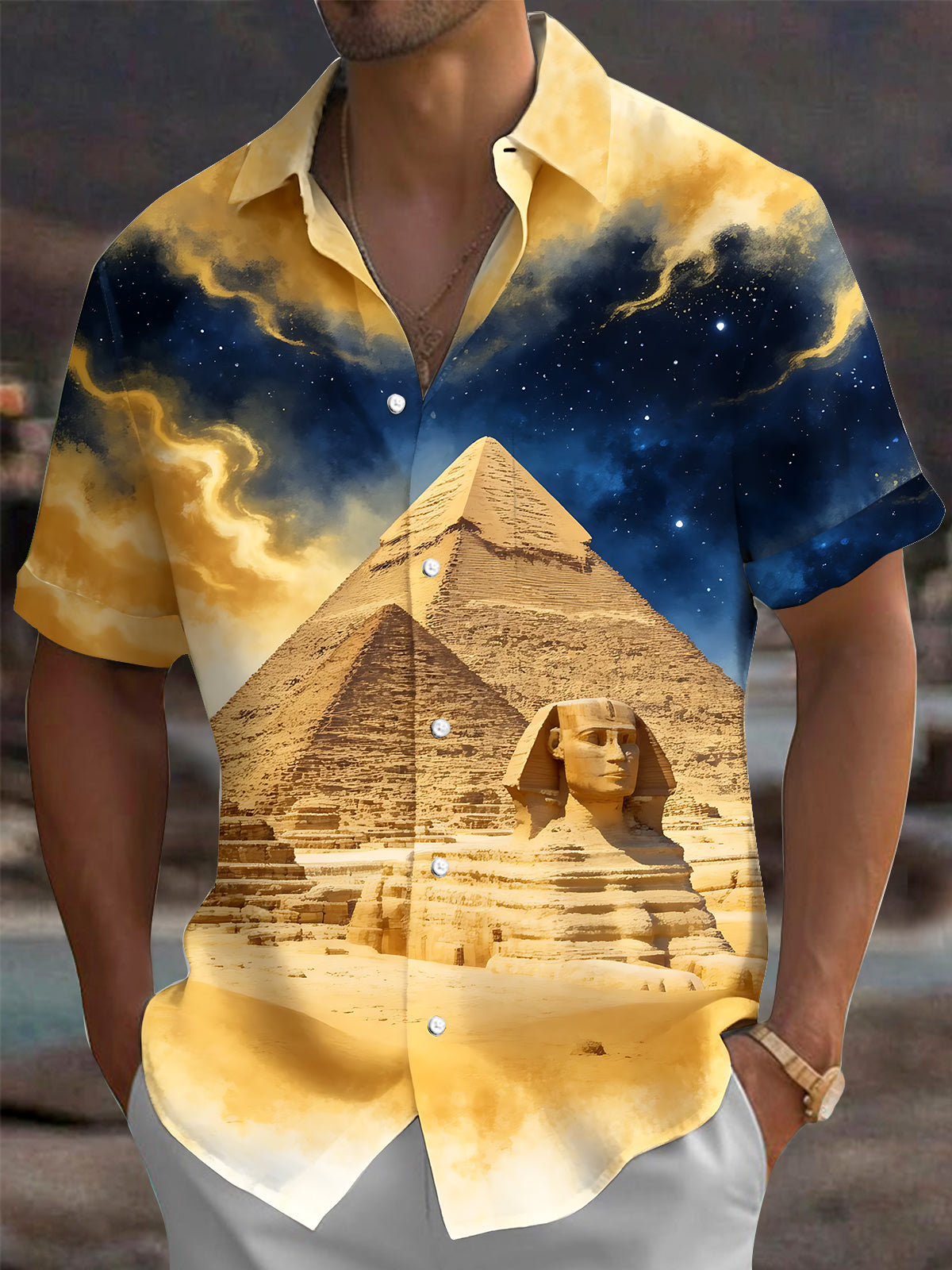 Adaychic Men's Hawaiian Egyptian Sphinx And Pyramid Print Short Sleeve Shirt with Chest Pocket