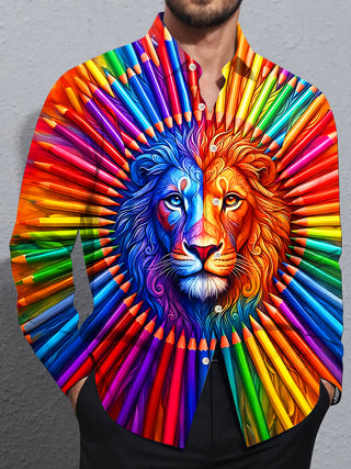 Adaychic Men's Graphic Colorful Pencil Split Lion Print Long Sleeve Shirt with Chest Pocket