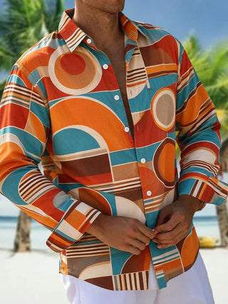 Adaychic Men's Retro Geometric Circles And Stripes Print Long Sleeve Shirt with Chest Pocket