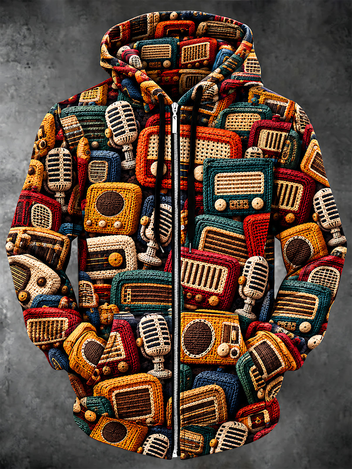 Adaychic Men's Vintage Radios And Microphones Print Long Sleeve Zip-Up Hoodie with Kangaroo Pocket