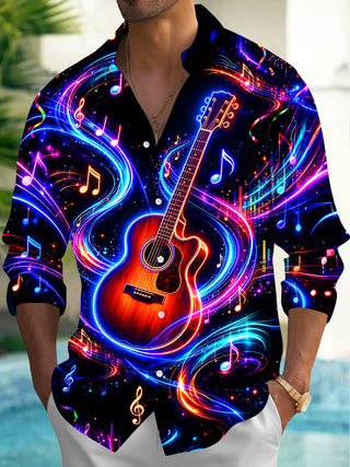 Adaychic Men's Graphic Neon Guitar And Music Notes Print Long Sleeve Shirt with Chest Pocket