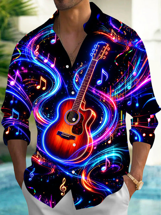 Adaychic Men's Graphic Neon Guitar And Music Notes Print Long Sleeve Shirt with Chest Pocket