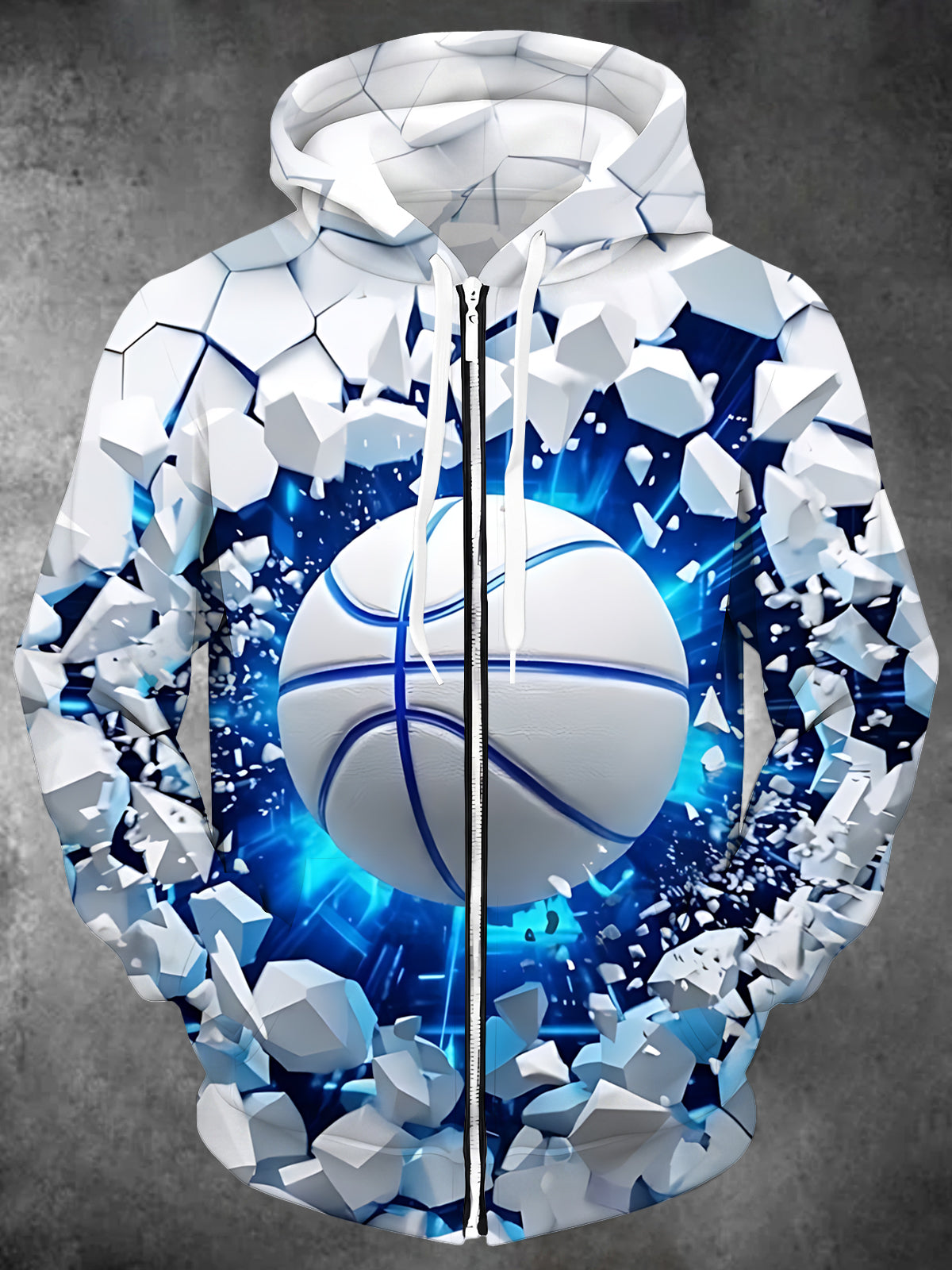 Adaychic Men's 3D 3D Basketball Shattering Wall Print Long Sleeve Zip-Up Hoodie with Kangaroo Pocket