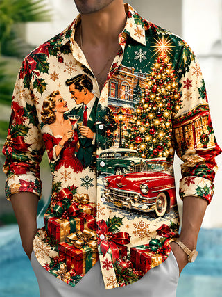 Adaychic Men's Long Sleeve Shirt - Vintage Couple And Christmas Street Scene Print with Chest Pocket
