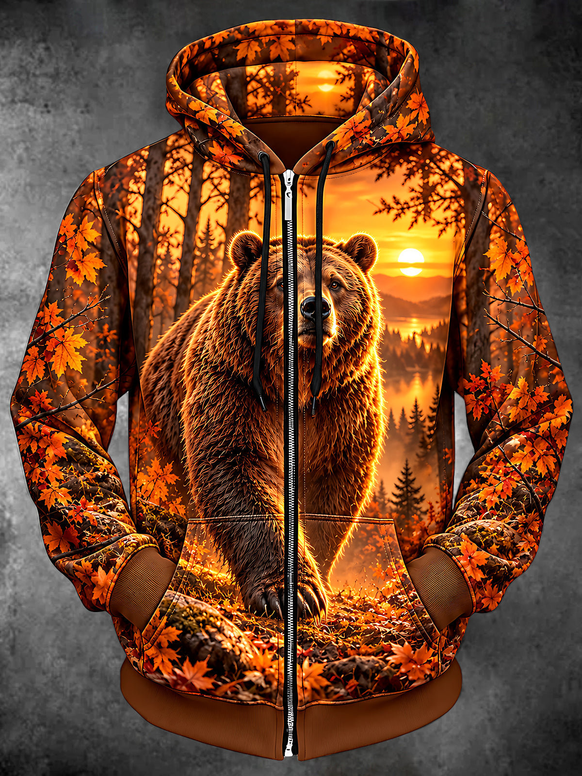 Adaychic Men's Brown Bear In Autumn Forest Print Long Sleeve Zip-Up Hoodie
