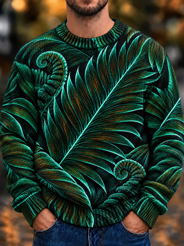 Adaychic Men's Long Sleeve Crew Neck Sweater - Tropical Palm Leaves And Fern Fiddleheads Print