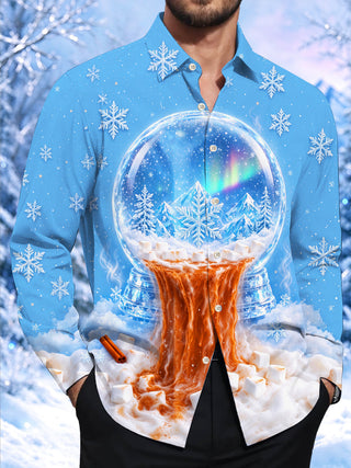 Adaychic Men's Long Sleeve Shirt - Snow Globe With Hot Cocoa And Marshmallows Print with Chest Pocket