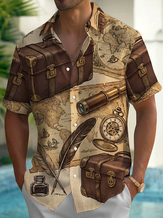 Adaychic Men's Vintage Travel Suitcases And Maps Print Short Sleeve Shirt with Chest Pocket
