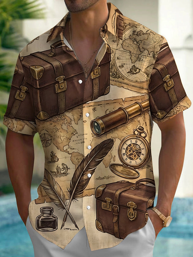 Adaychic Men's Vintage Travel Suitcases And Maps Print Short Sleeve Shirt with Chest Pocket