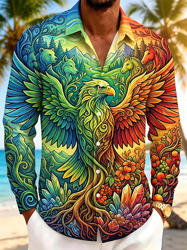 Adaychic Men's Spirit Eagle And Forest Animals Print Long Sleeve Shirt with Chest Pocket