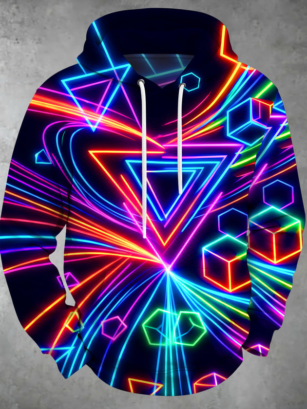 Adaychic Men's Graphic Neon Geometric Shapes And Lines Print Long Sleeve Hoodie
