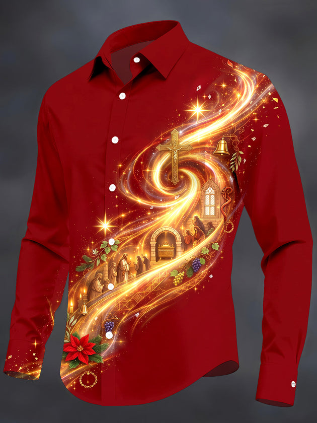 Adaychic Men's Long Sleeve Shirt - Christmas Christian Church Scene With Cross And Poinsettia Print with Chest Pocket