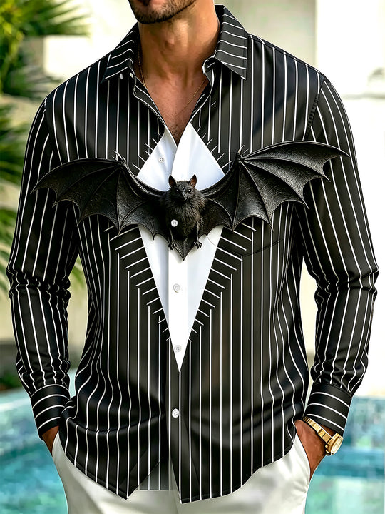 Adaychic Men's Halloween 3D Bat With Spread Wings Print Long Sleeve Shirt with Chest Pocket