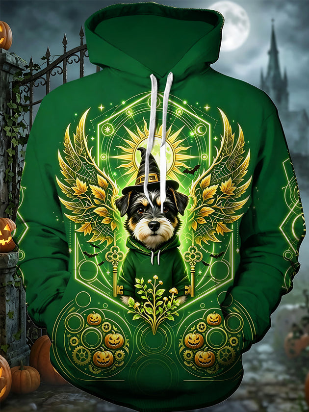 Adaychic Men's Graphic Halloween Dog Wizard Print Long Sleeve Hoodie with Chest Pocket