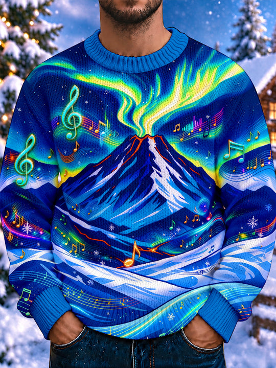 Adaychic Men's Long Sleeve Crew Neck Sweater - Volcano With Aurora Borealis And Music Notes Print