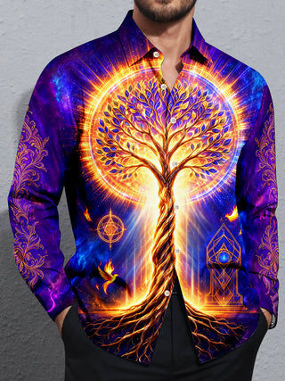 Adaychic Men's Graphic Tree Of Life And Phoenix Print Long Sleeve Shirt with Chest Pocket